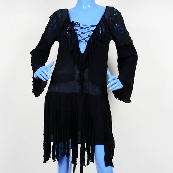 Free People Black Shipwreck Cove Dress M 8 10 Fringe Gypsy Goth Festival Pirate - Picture 3 of 7